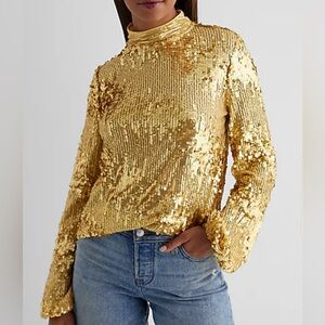 Express Gold Sequin Mock Neck Balloon Sleeve Top size small